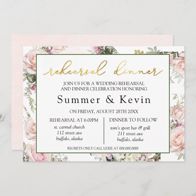 Rehearsal Dinner vår sommar Rosa ros Inbjudningar (Fram/baksida)