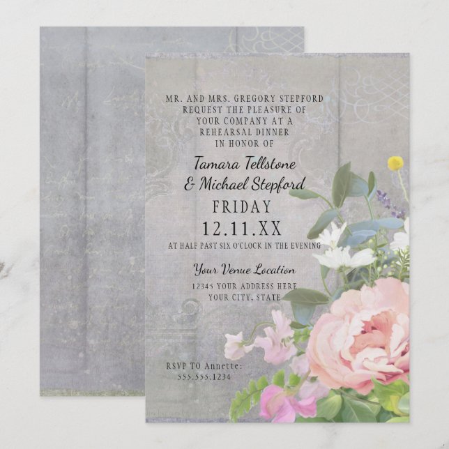 Rehearsal Dinner Vild Flower Peony Rustic Wood Art Inbjudningar (Fram/baksida)