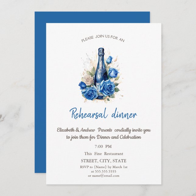 Rehearsal Dinner vin Flaska Blue Ro Inbjudningar (Fram/baksida)