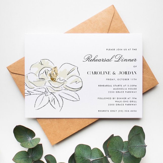 Rehearsal Dinner (vita Magnolia Bröllop) Inbjudningar (Beautiful Southern-inspired wedding rehearsal dinner invitation with a white magnolia illustration.)