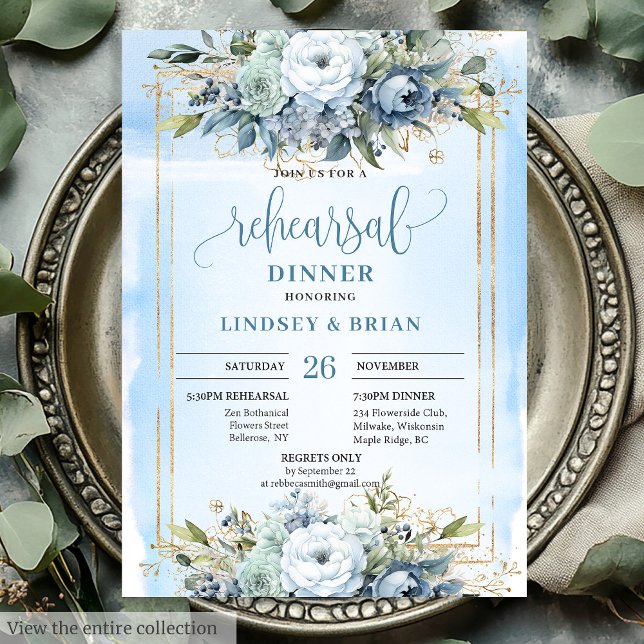 Rehearsal-inbjudan för lyxdyster Dusty Blue Guld R Inbjudningar (Luxury Dusty Blue Gold Frame Rehearsal Invitation)