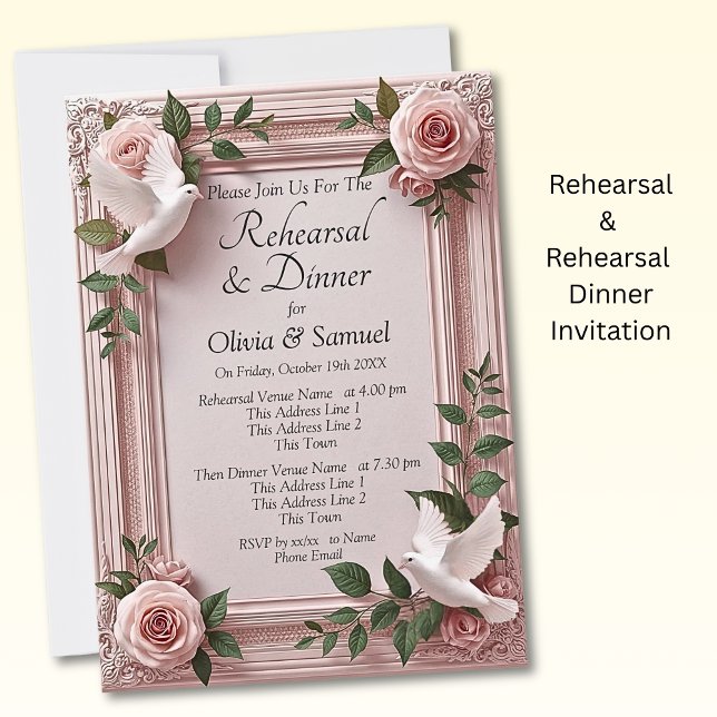 Rehearsal Invitation Card Pink Roses & Doves Inbjudningar (Skapare uppladdad)