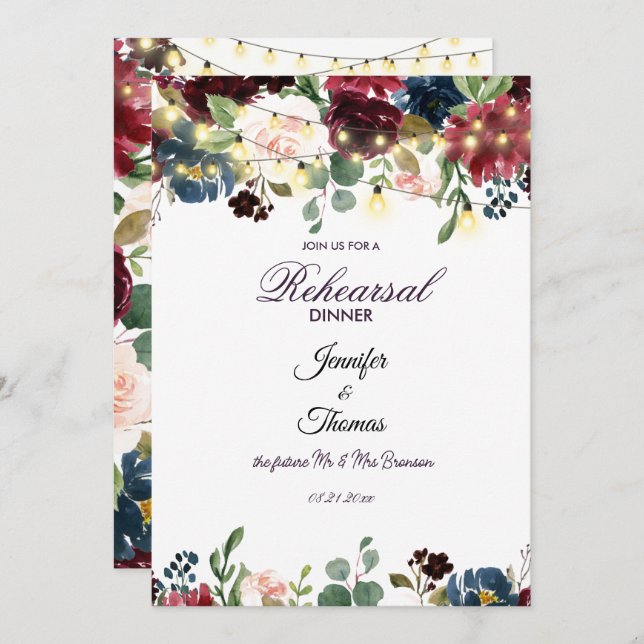 Rehearsal-middag för burgundy & Blue English Flowe Inbjudningar (Fram/baksida)
