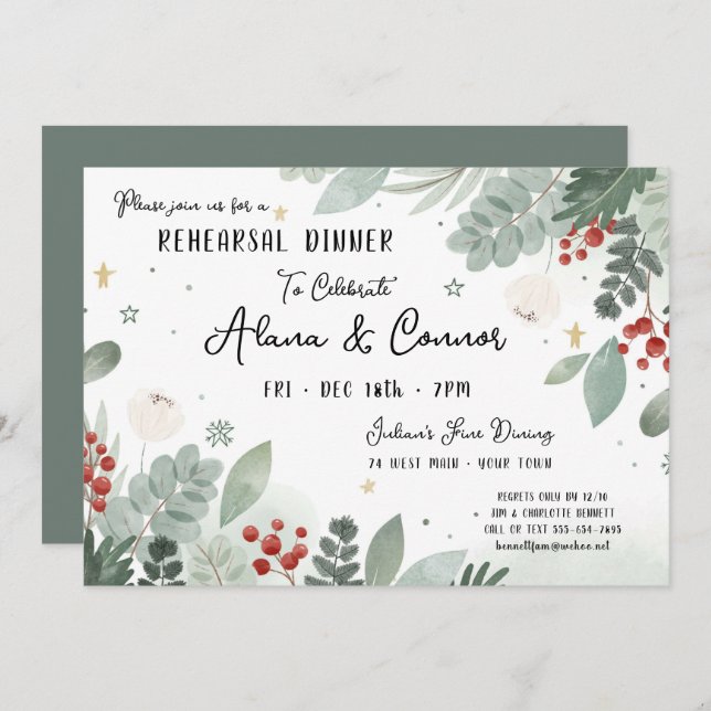 Rehearsal Middag i december Helgdag Bröllop Inbjudningar (Fram/baksida)