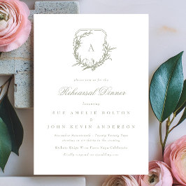 Rehearsal-middag med klassisk grönt i monogram vap inbjudningar