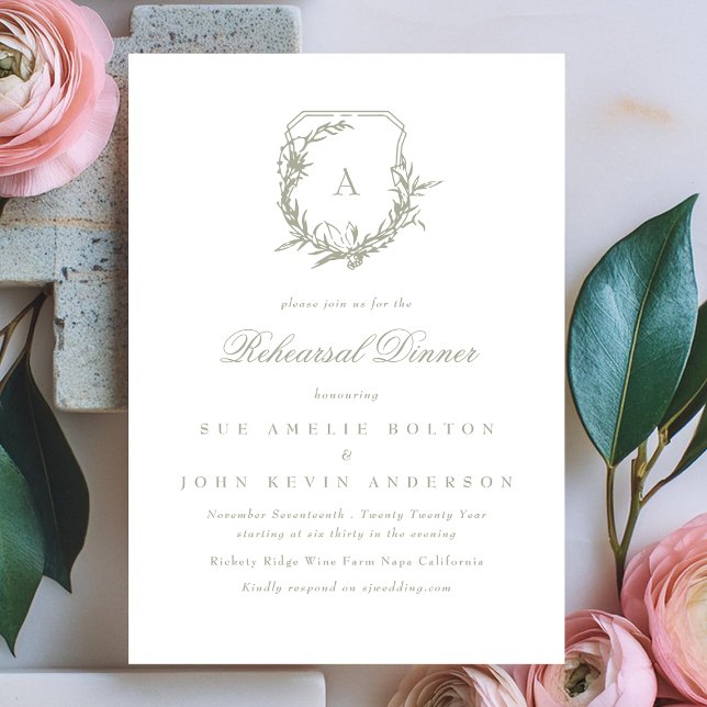 Rehearsal-middag med klassisk grönt i monogram vap inbjudningar (Skapare uppladdad)