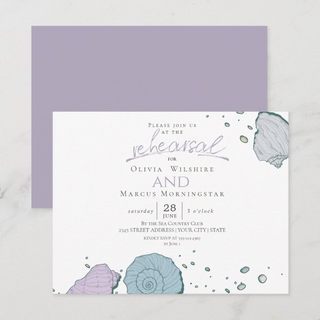 Rehearsal | Modern Seashells Dusty Blue Lilac Inbjudningar (Fram/baksida)