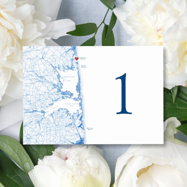RehoBåde Beach DE Karta Elegant Navy Blue Bröllop Bordsnummer (Rehoboth Beach Map Wedding Table Number for an elegant blue Delaware Beach Wedding)