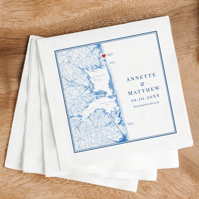 RehoBåde Beach Delaware Karta Elegant Navy Bröllop Pappersservett (Elegant Rehoboth Beach Delaware map custom napkins with navy blue map from Coastal Map Designs)