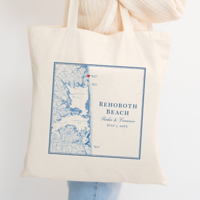 RehoBåde Beach Delaware Navy Blue Bröllop Tygkasse (Rehoboth Beach Delaware Tote Bag elegant navy blue wedding favor welcome bag by Coastal Map Designs)