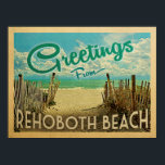 RehoBåde Beach Vintage resor Poster<br><div class="desc">I Hälsning från RehoBåde Beach-vintagens vykort finns en sandstrand med en vacker turkoshav över vatten och över havet, ett blå himmel med gigantiska vita moln. I vintage resor stil.</div>