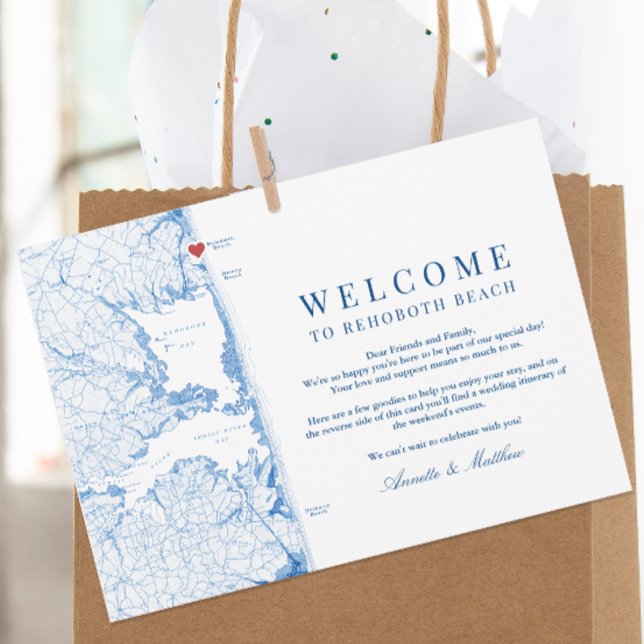 RehoBåde Beach Wedding Välkomsthisterary Tack Kort (Rehoboth Beach Wedding Weekend Itinerary card with welcome letter from Coastal Map Designs)