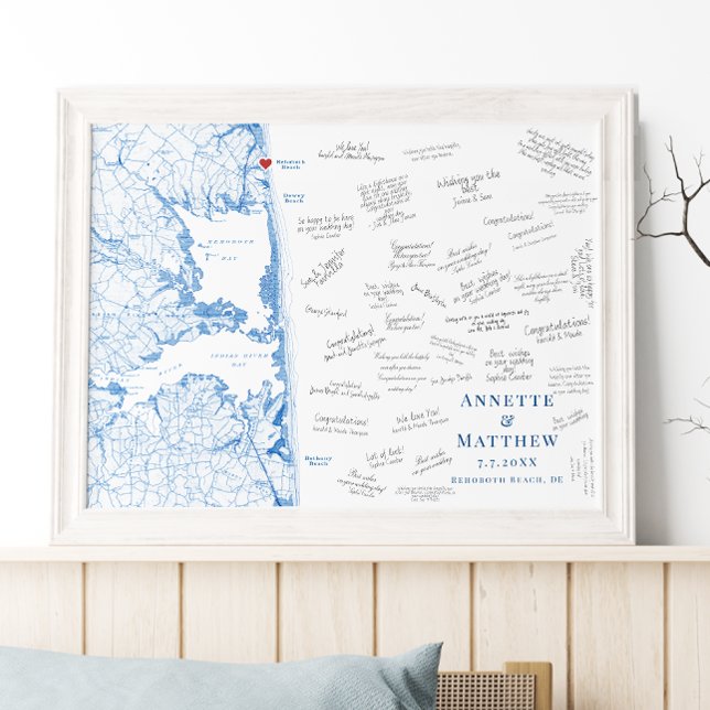 Rehoboth Beach Bröllop Elegant Gästboksposter Poster (Rehoboth Beach Map Alternative Guest Book Poster in elegant Navy Blue by Coastal Map Designs)