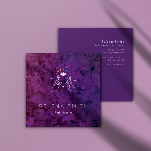 Reiki Affärskort Square-design med Chakras Fyrkantigt Visitkort (Reiki Business card mock-up shown both front and back design with foliage overlay
)