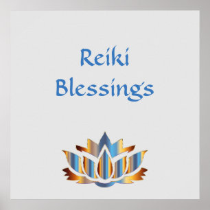 Reiki Blessings White/Guld/Blue lotus blomma Poster