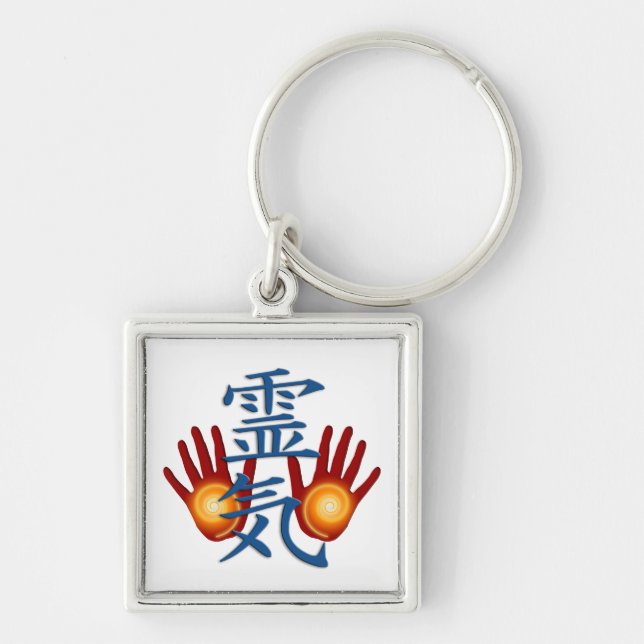 Reiki-händer Fyrkantig Silverfärgad Nyckelring (Framsidan)