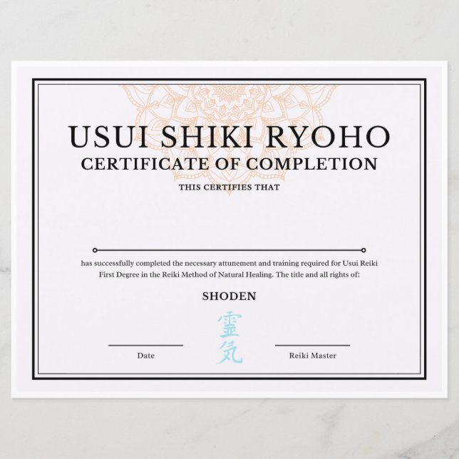 Reiki-intyg om färdigställande (SHODEN) (Framsida)