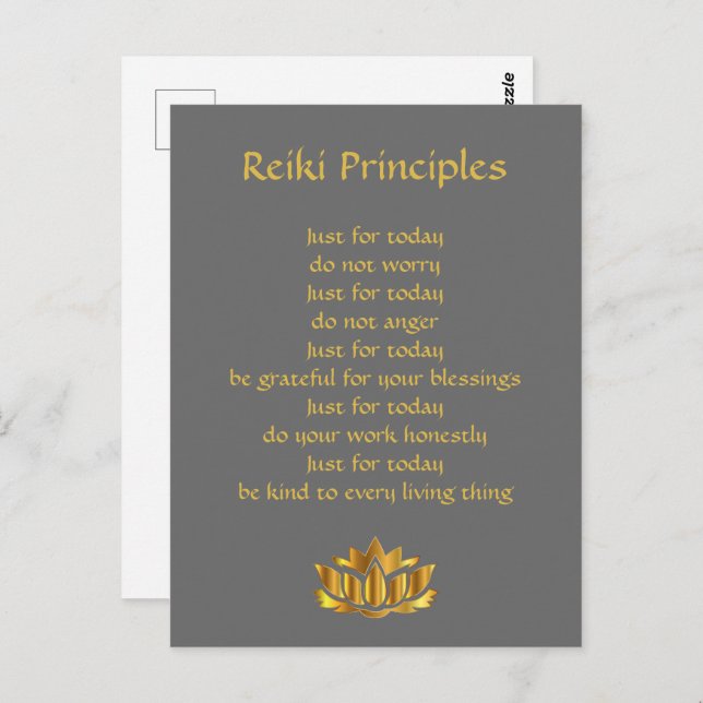 Reiki-principerna Grått och Guld Vykort (Fram/baksida)