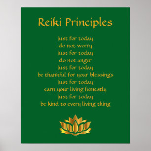 Reiki Principles Grönt och Guld Lotus Poster