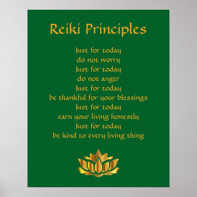 Reiki Principles Grönt och Guld Lotus Poster (Framsidan)