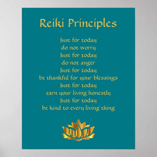 Reiki Principles Teal/Guld Lotus Poster (Framsidan)