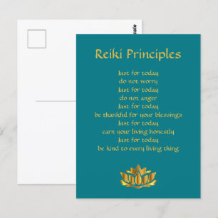 Reiki Principles Teal/Guld Lotus Vykort