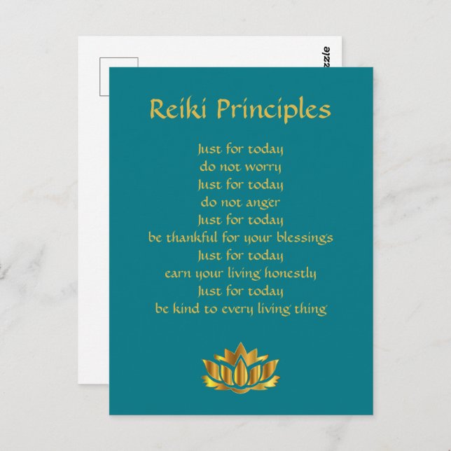 Reiki Principles Teal/Guld Lotus Vykort (Fram/baksida)