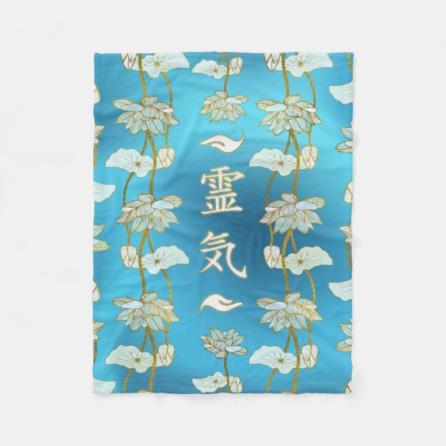 Reiki som läker händersymboler med lotusblommar fleecefilt (Framsidan)