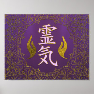 Reiki som läker händersymboler med lotusblommar poster