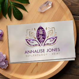 Reiki-symbol och händer i Lotus Amethyst och Guld Visitkort
