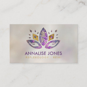 Reiki symbol och händer i lotusblommaFluorite och Visitkort