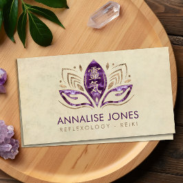 Reiki-symbolen och händer i Lotus Amethyst och Gul Visitkort