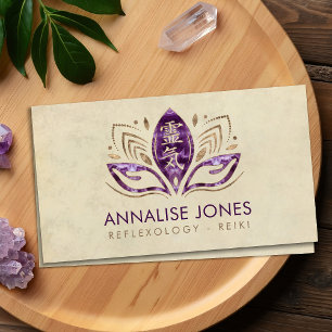Reiki-symbolen och händer i Lotus Amethyst och Gul Visitkort