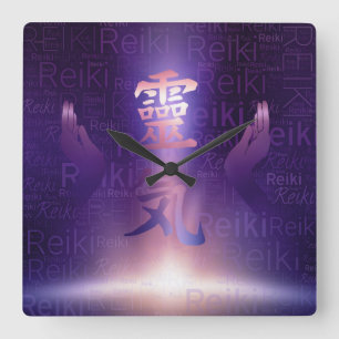Reiki symboler och läkahänder på lilor lätt fyrkantig klocka