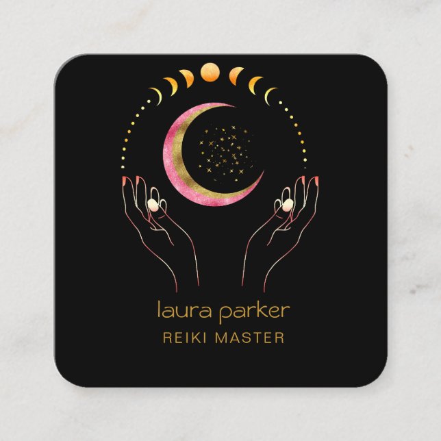 Reiki Yoga Healing Händer Crescent Måne Phases Fyrkantigt Visitkort (Framsida)