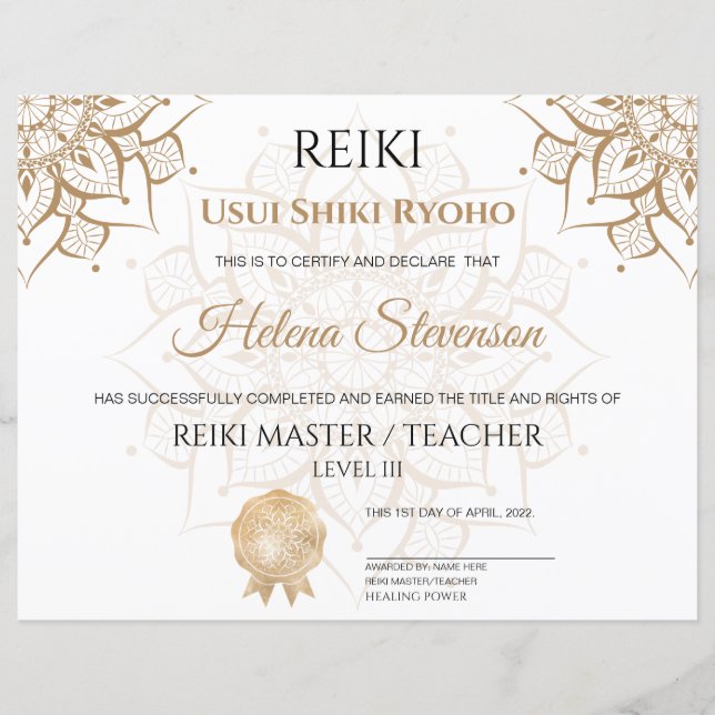 Reiki Yoga-intyg om slutförande (Framsida)