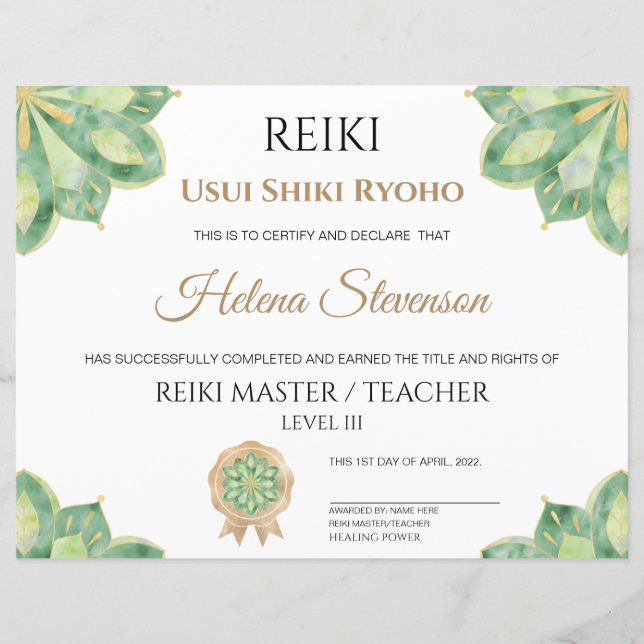 Reiki Yoga-intyg om slutförande (Framsida)