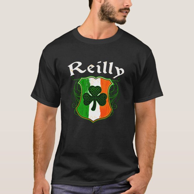 Reilly Irish Surname Ireland Flagga Shield Shamroc T Shirt (Framsida)