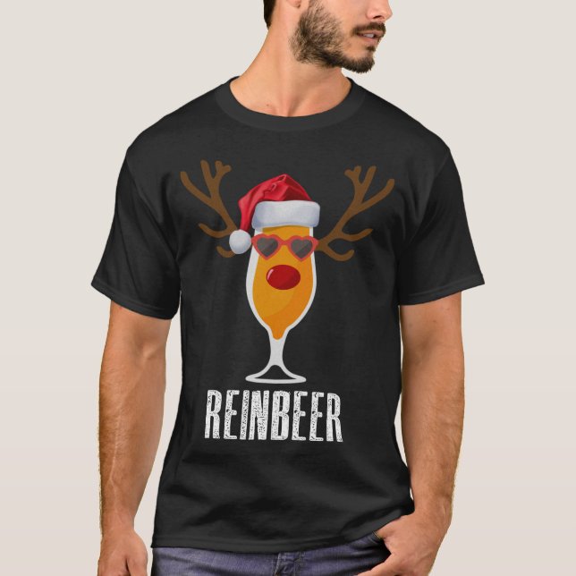 Reinbeer Santa's Hat Reindeer Beer Glass-jul T Shirt (Framsida)