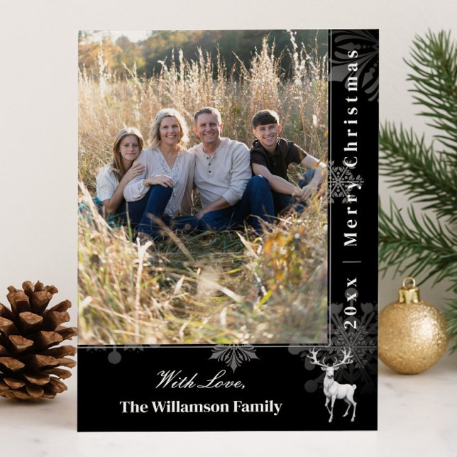 Reindeer and Snowflakes Holiday Photo | Black Card Julkort (Black Reindeer and Snowflakes Holiday Photo Card)