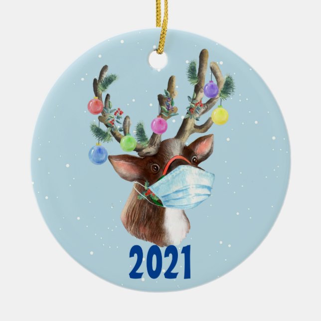 Reindeer Ansikte Mask Julpandemin 2021 Julgransprydnad Keramik (Framsidan)