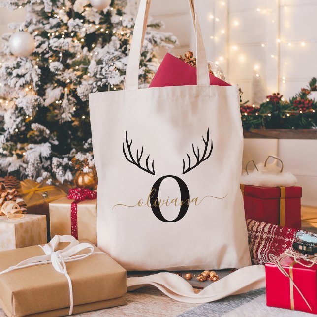 Reindeer Antler | Elegant Monogram jul Tygkasse (Skapare uppladdad)