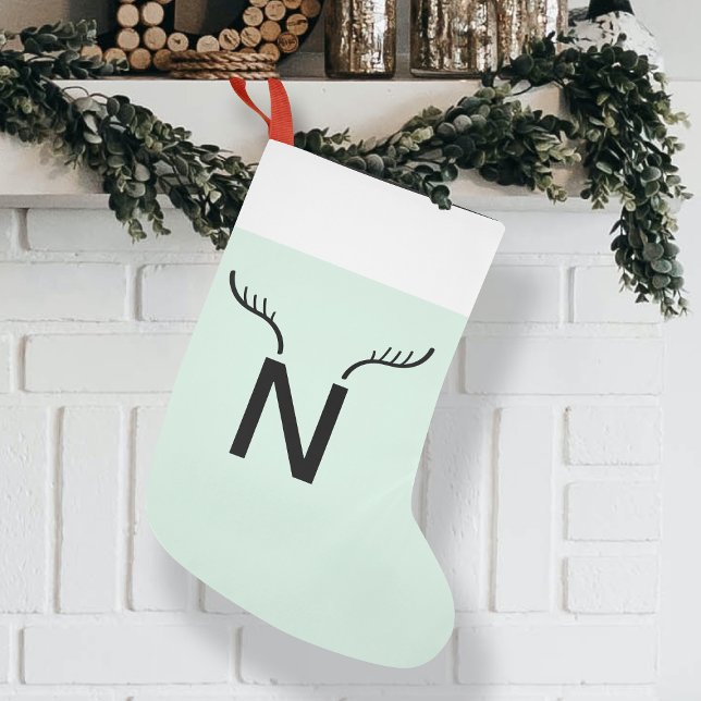 Reindeer Antler | Mint Grönt jul Monogram Liten Julstrumpa (Skapare uppladdad)