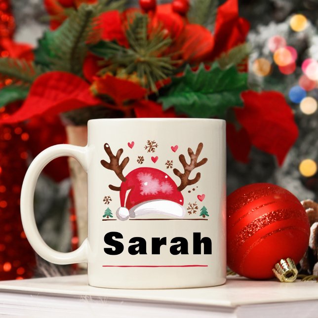 Reindeer Antlers och jultomten Kaffemugg (Reindeer Antlers and Santa Hat Christmas Coffee Mug
)