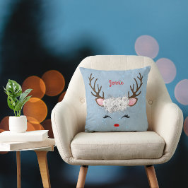 Reindeer Antlers och Ro med Namn på Himlar Blue Kudde