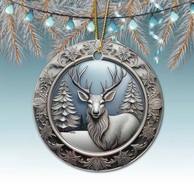Reindeer Antlers, Träd, Unik Silver Hjort 🦌 🎄 Julgransprydnad Keramik (Elegant Silver Reindeer Decoration, Deer Antlers Decor,  Winter Trees Scene Ornament Front/Back 🦌🎄)