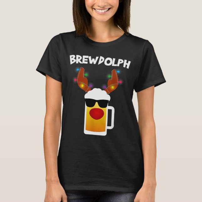 Reindeer Beer Rudolph Brewdolph Funny Christmas  T Shirt (Framsida)