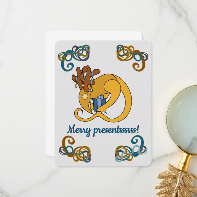 Reindeer bird with bells and presents Christmas Tack Kort (Fram/Back In Situ)