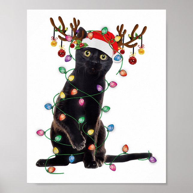Reindeer Black Cat jul Ljus Funny Cat Kärlek Poster (Framsidan)