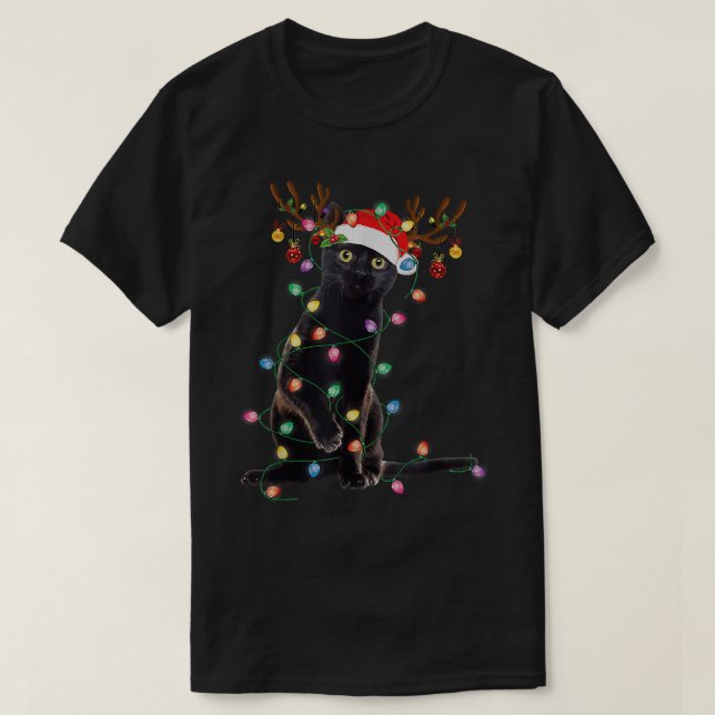 Reindeer Black Cat jul Ljus Funny Cat Kärlek T Shirt (Design framsida)